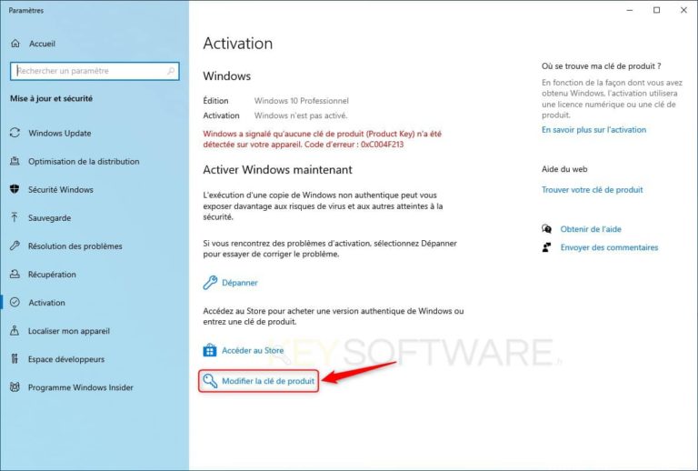 Activer votre licence (clé produit) Windows 10 KeySoftware